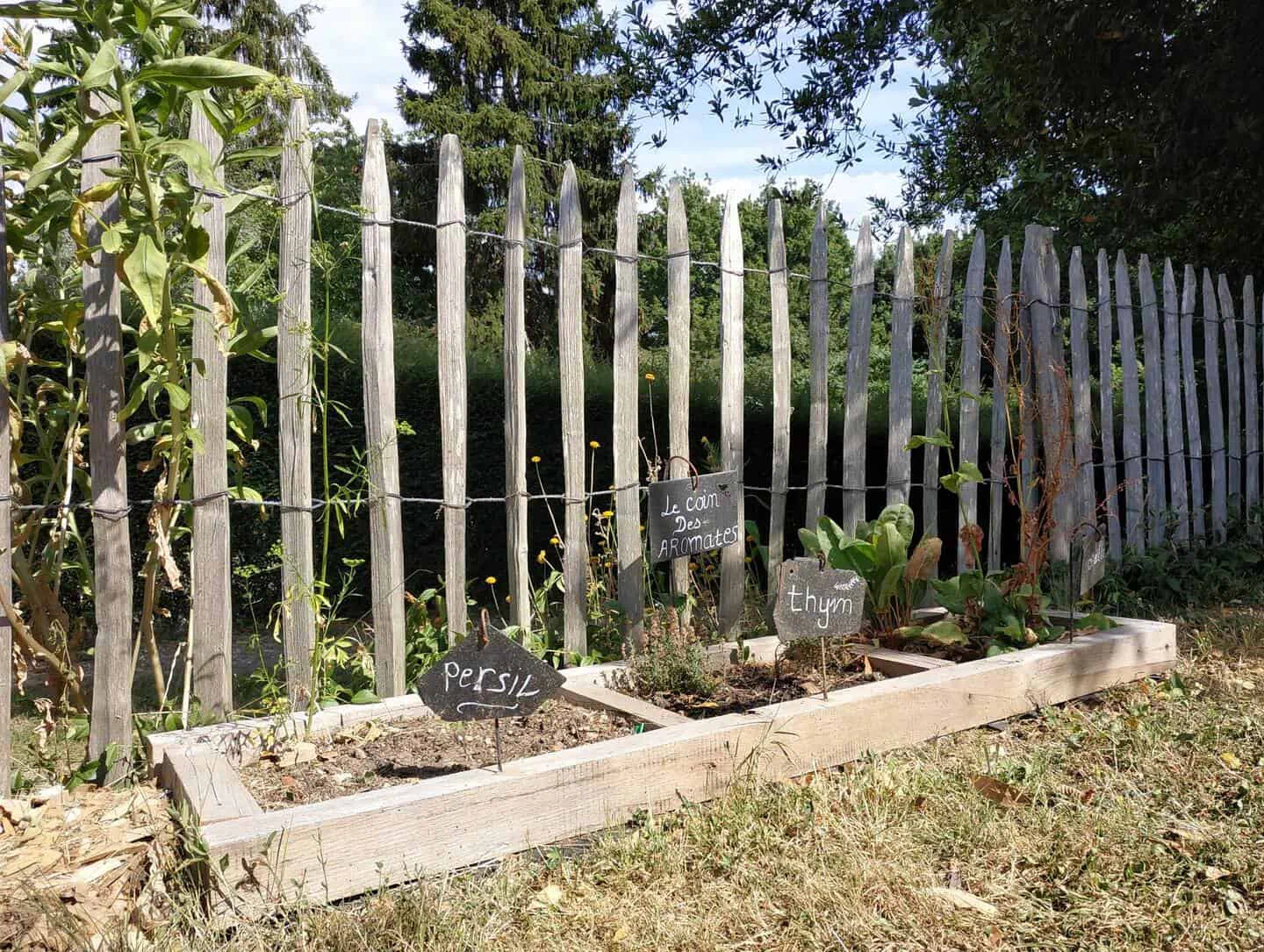 Le carré d'aromates du jardin, avec des ardoises indiquant persil et thym