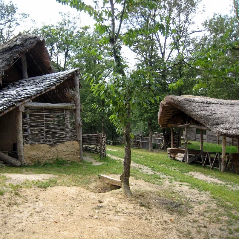 Les bâtiments de chaume et de torchis du village gaulois reconstitué de Coriobona, à Esse