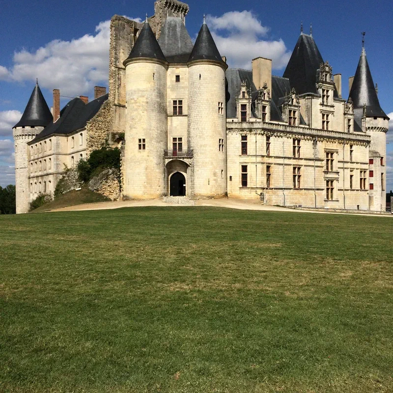 Le château de La Rochefoucauld, son donjon roman et son aile Renaissance aux toits d'ardoise, vus depuis la pelouse