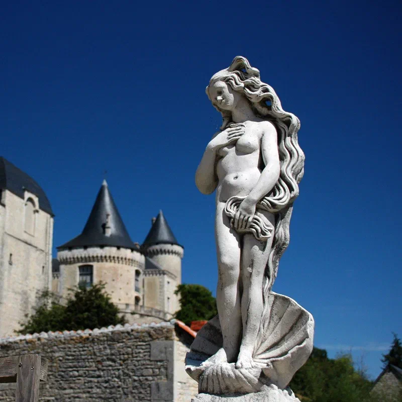 Le château de Verteuil-sur-Charente, ses tours coiffées d'ardoise, vu depuis le village